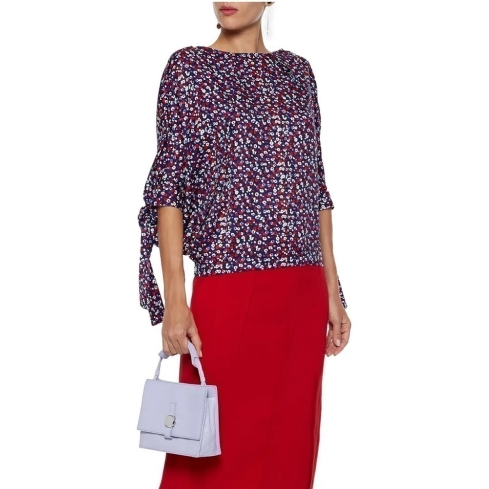 DEREK LAM Navy Blue Poppy Print Silk Jacquard Blouse